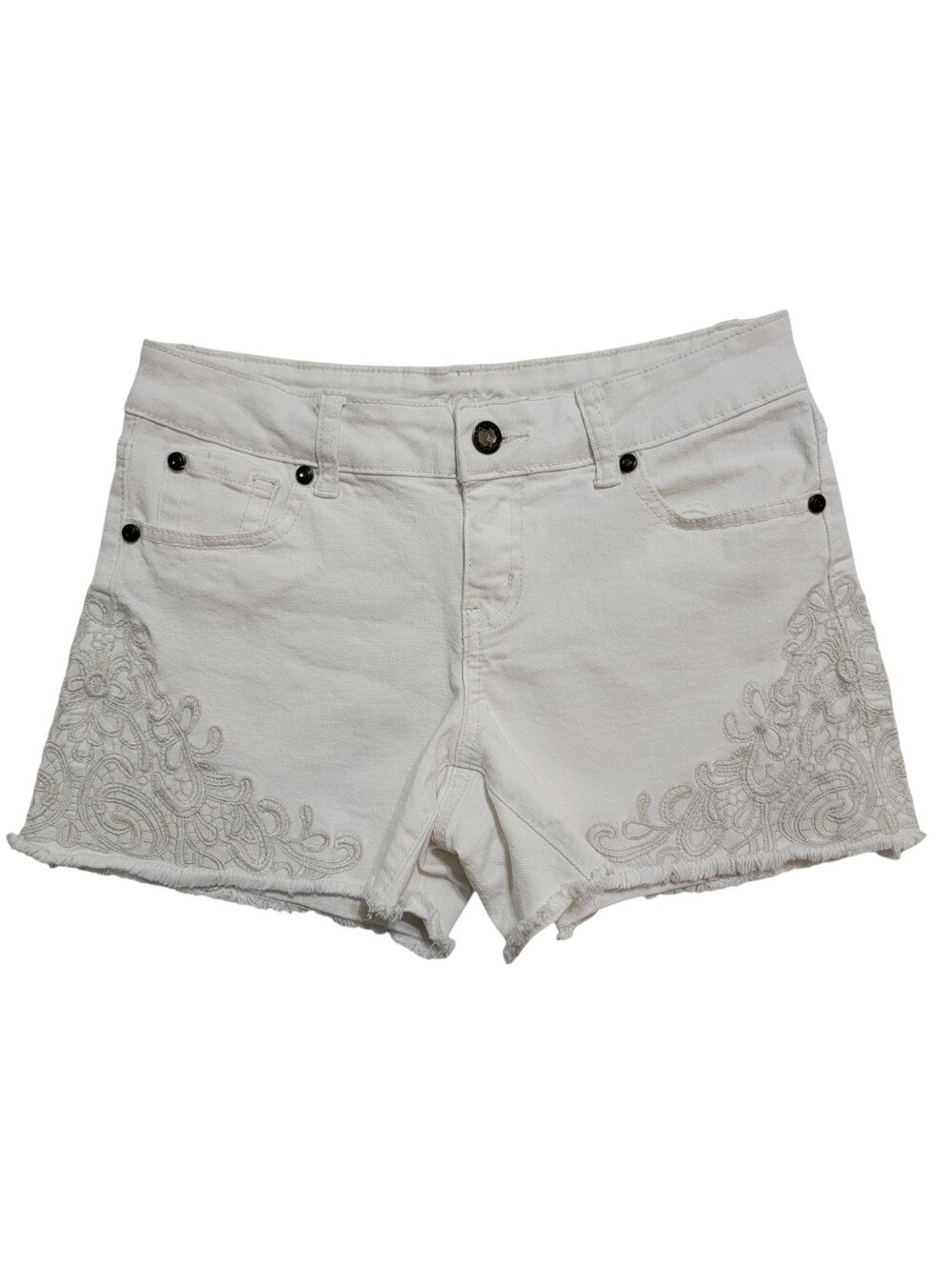 Cache | Low Rise Embroidered Cut-Off Jean Shorts White Denim Crochet Lace